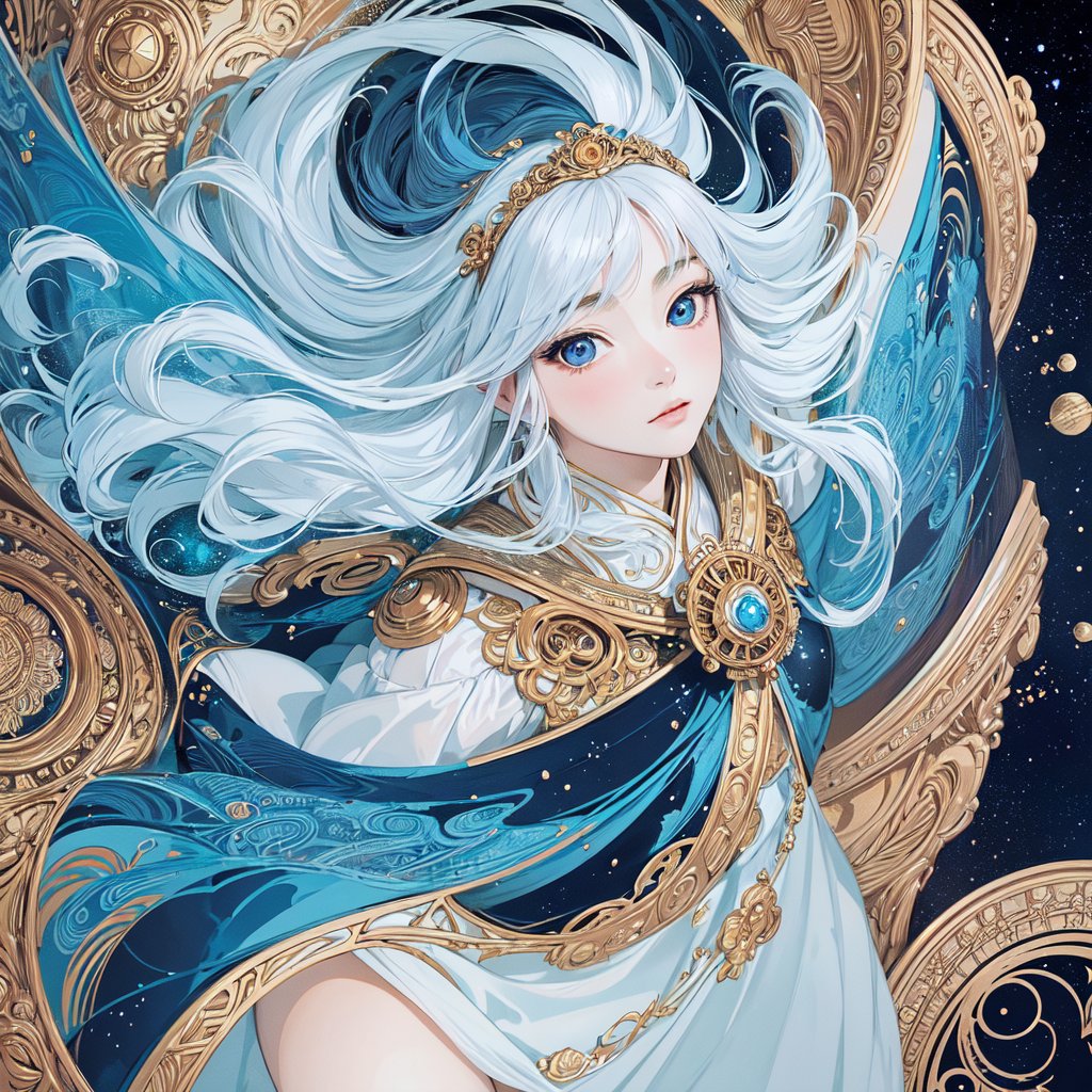 masterpiece, best quality, ultra high res, beautiful, elegant, graceful, award-winning art, 1girl, (style of Yuko Shimizu:1.4), (abstract art:1.2), style of rebecca guay, white hair, blue eyes, cosmic dress, cosmic beauty, in space, nebula, visually stunning, gorgeous
