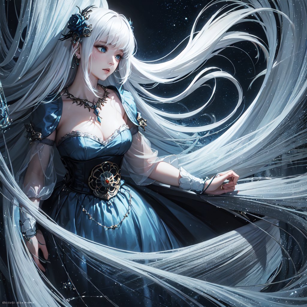 (abstract art:1.4), (style of yuko shimizu:1.2), (style of rebecca guay:0.6), (moonlight, soft light, soft glow:0.8), 1girl, white hair, flying hair, blue eyes, perfect skin, perfect face, (jewelry:1.1), gothic dress, hair ornament, night, dark theme, somber atmosphere
