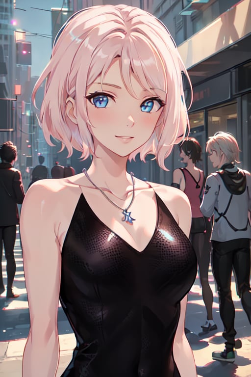 wlop, 1girl, backlighting, bare shoulders, blue eyes, blurry, closed mouth, collarbone, depth of field, dress, expressionless, final fantasy, final fantasy xv, green hair, highres, jewelry, looking at viewer, (lunafreya nox fleuret), necklace, pendant, pink lips, ponytail, short hair, sleeveless, sleeveless dress, solo focus, upper body, red dress, large breast, sexy, smile ,gwen stacy