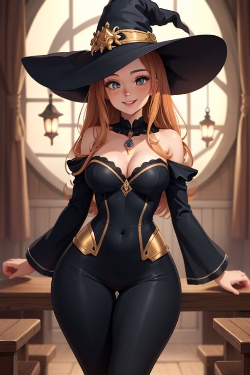 masterpiece, full details, best quality, HD, 8k, bright eyes, hourglass figure, smiling, witch