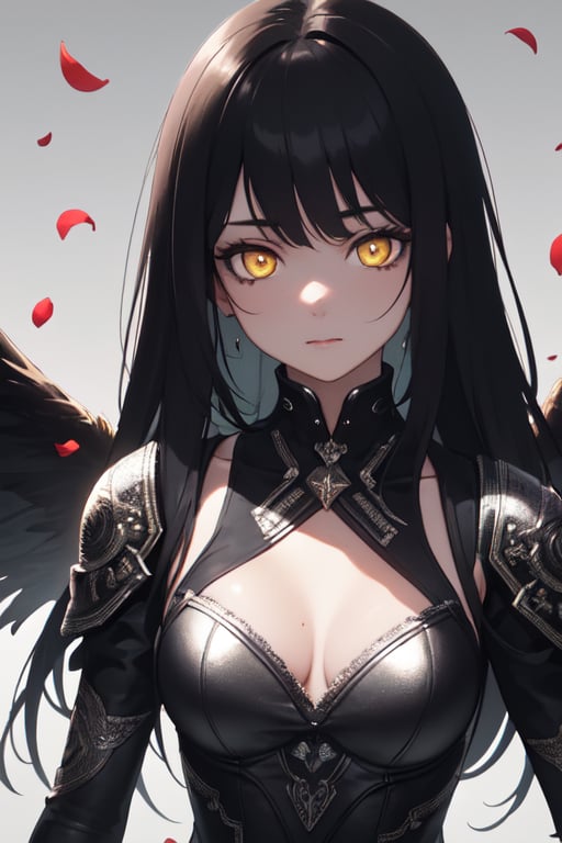  Endsinger, (masterpiece, best quality, ultra-detailed, highres), perfect face, sidelighting, lustrous skin,(bloom), (shine), lighting, ray tracing, sci-fi,1girl, solo, black hair, black lips, looking at viewer, wings, head wings, yellow eyes, long hair, colored skin, upper body, closed mouth, feathered wings, glowing eyes, glowing, bangs, colored sclera, depth_of_field,very detailed background, highly detailed background, Masterpiece, Ultra detailed, great composition,Dynamic angle,extremely delicate and beautiful,(Highest picture quality), (Master's work),   depth of field, solo, extreme light and shadow, masterpiece, rich in detail, (fine features), (highest quality), (masterpiece), (detailed eyes), (beautiful) detailed,beautiful detailed eyes,(straight-on), upper body, cyberpunk:1, flower petals falling, (extremely detailed CG unity 8k wallpaper),(masterpiece), (best quality), (ultra-detailed), (best illustration),(best shadow),perfect lighting , perfect anatomy , vivid colors,  (masterpiece),