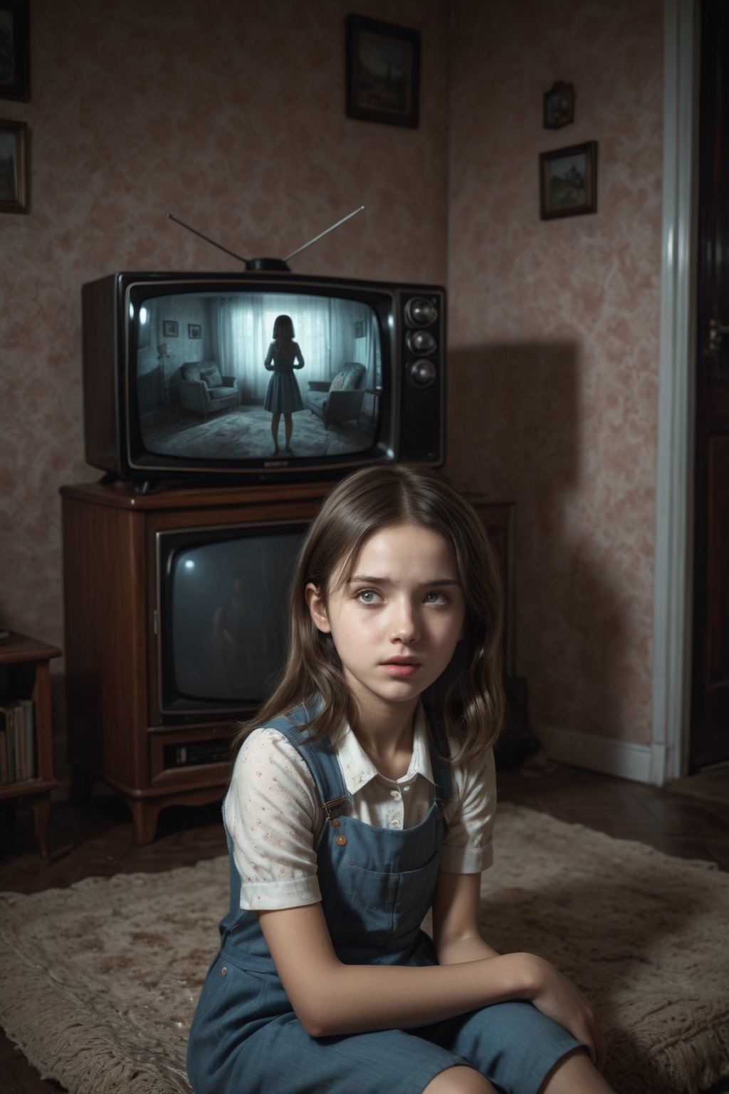 (((photorealistic)), Professional photography (A girl on a TV screen full of interference), Living room, Three-dimensional effect (ultra-realistic), (highly detailed environment), disturbing atmosphere, horror, perfect lighting, (vintage style), (horror style), The film Is still