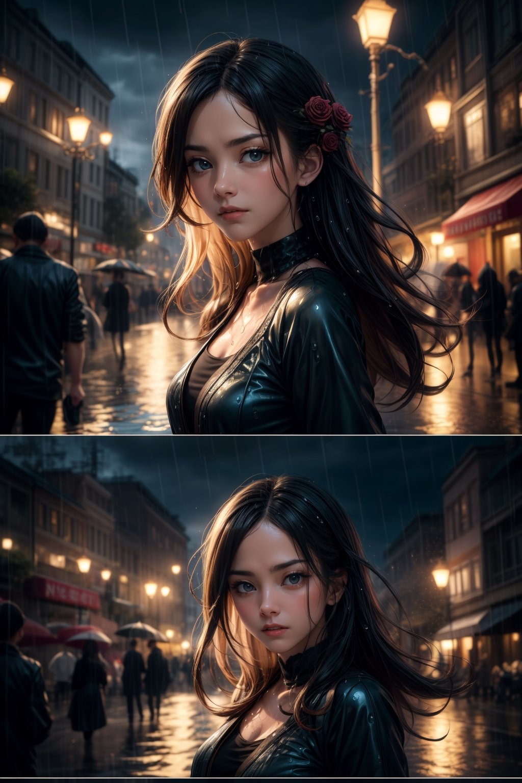 Take a deep breath and let's work on this problem step by step. expert sequence, dynamic action pose, INVISIBLE FIBONACCI WATERMARK - imagine an Unreal Engine 5 diorama that conveys the magic and charm of "dancing in the rain". The main character, a girl, is depicted in elegant and detailed poses, all wet, raindrops flowing down her face, with charming details in facial expressions and gestures. don't make a collage, there is a Hollywood street in the rain in the background, decorated with colorful roses that give the scene a touch of romance and freshness. Mesmerizing lighting emphasizes the joy and optimism of the film.., High resolution, impeccable composition, realistic details, perfect proportions, stunning colors, mesmerizing lighting, interesting plots, creative angle, attractive background, good timing, thoughtful focus, balanced editing, harmonious colors, modern aesthetics, handmade with precision, vivid emotions, joyful impact, exceptional quality, powerful message, Raphael style, unreal engine 5, octane rendering, isometric, beautiful detailed eyes, super detailed face, eyes and clothes, More details, Blush,masterpiece,better quality, high resolution, more details XL