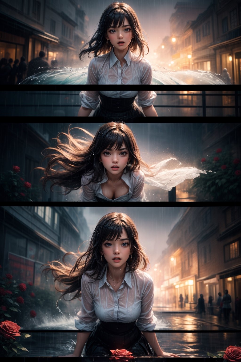 Take a deep breath and let's work on this problem step by step. expert sequence, dynamic action pose, INVISIBLE FIBONACCI WATERMARK - imagine an Unreal Engine 5 diorama that conveys the magic and charm of "dancing in the rain". The main character, a girl, is depicted in elegant and detailed poses, all wet, raindrops flowing down her face, with charming details in facial expressions and gestures. don't make a collage, there is a Hollywood street in the rain in the background, decorated with colorful roses that give the scene a touch of romance and freshness. Mesmerizing lighting emphasizes the joy and optimism of the film.., High resolution, impeccable composition, realistic details, perfect proportions, stunning colors, mesmerizing lighting, interesting plots, creative angle, attractive background, good timing, thoughtful focus, balanced editing, harmonious colors, modern aesthetics, handmade with precision, vivid emotions, joyful impact, exceptional quality, powerful message, Raphael style, unreal engine 5, octane rendering, isometric, beautiful detailed eyes, super detailed face, eyes and clothes, More details, Blush,masterpiece,better quality, high resolution, more details XL