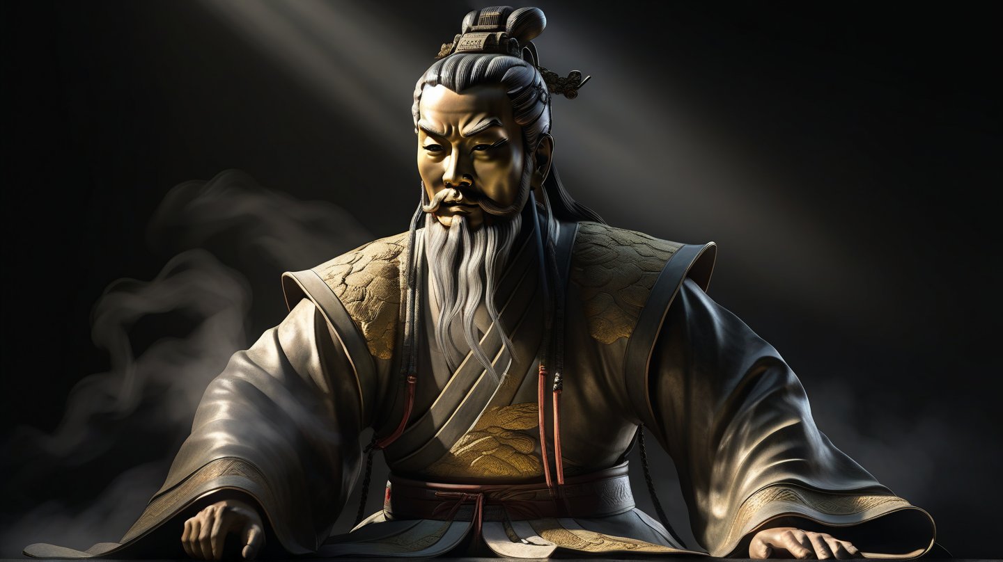 Highly detailed chinese ancient male with wisdom, Dreamy sunlight projection of a perfect color on face and body, perfect lights, gloomy, solid black background, perfect composition, masterpiece, fog, best quality, volumetric light, ultra realistic, full body,
perfect illumination, ultra high res, intricate detail, Best quality, official art,
Lighting: Classic film noir lighting with dramatic shadows and subtle highlights
Color: Classic colors, with a focus on contrasts and noir aesthetics
Pose: back to the camera, standing

