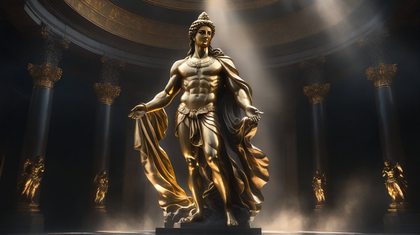 A majestic male statue stands proudly, bathed in dreamy sunlight that casts a warm glow on his stoic features. The projection of golden light accentuates every detail, from the defined facial structure to the rippling muscles on his toned physique. Against a solid black background, the figure exudes an air of mystery and sophistication. A veil of fog subtly enhances the ambiance, while the volumetric lighting creates an ultra-realistic effect. The statue's back is turned towards us, standing tall with an aura of confidence.