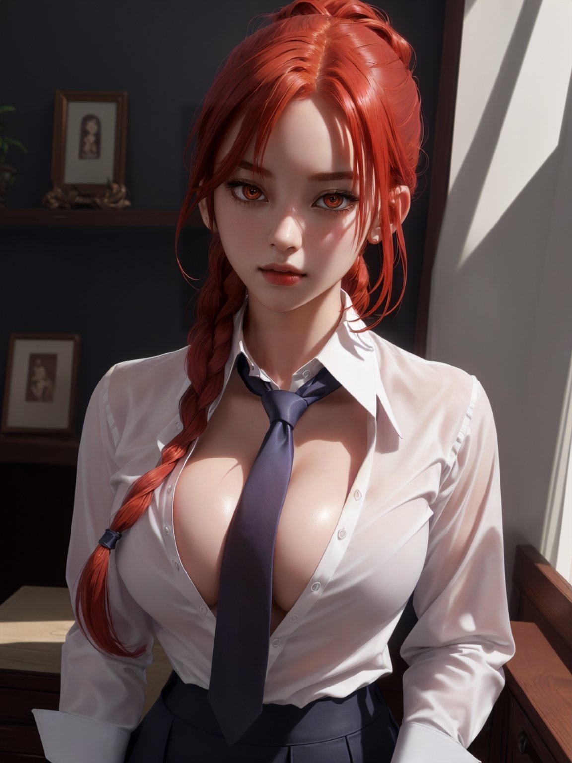 8k, high resolution, hdr, intricate details, makima wearing a collared shirt and necktie, braided ponytail, red hair, beautifully detailed ringed eyes, ((unbuttoned shirt, undoing her clothes sexily and slowly, alluring, deep cleavage)), teen body,makima\(chainsaw man\)