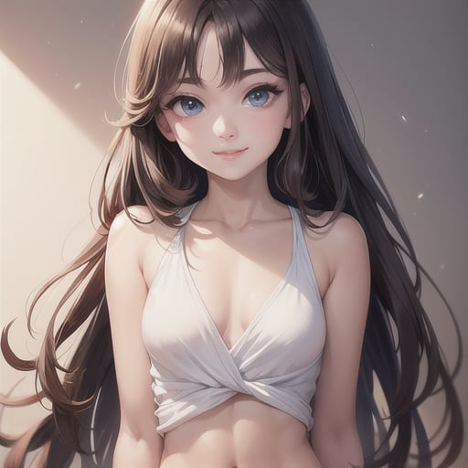 masterpiece, best quality (finely detailed beautiful eyes and detailed face) cinematic lighting extremely detailed CG unity 8k wallpaper, caucasian girl, brown long hair, smiling softly, red cropped top, exposed stomach, tanned skin, blue eyes, small chest