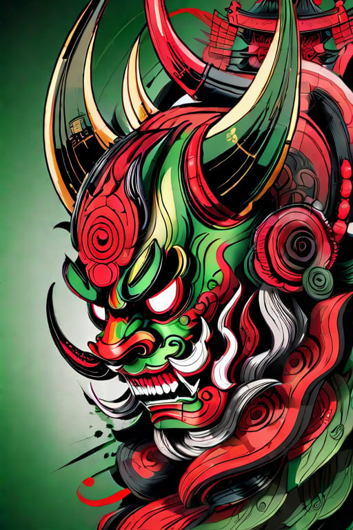 oni mask,black and dark green color, extremely detailed, super stylish masterpiece, gradient_background, digital_painting, tattoo, very sharp lines