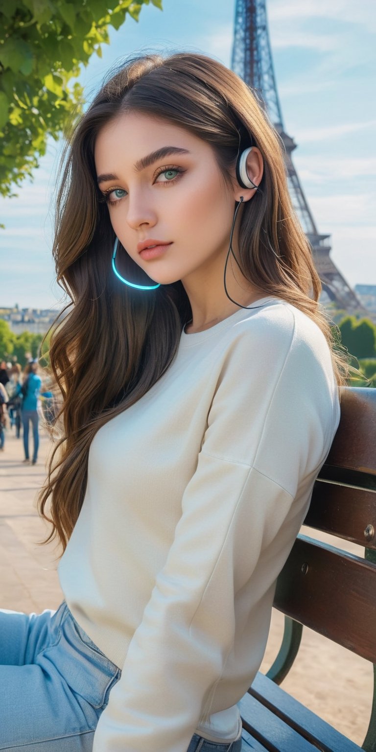 Master piece, generate image of a Girl with headphones, cap, dreamy expression, sitting a bench in the gardens of the Eiffel tower, training wear, (ultra detailed perfect piece:1.2), illustration, masterpiece, (extremely detailed CG 8k), (very fine 8K CG), (1girl:1.2), (dark hair), long hair, wavy hair, hair over one eye, sparkling, light blue eyes, looking at side,