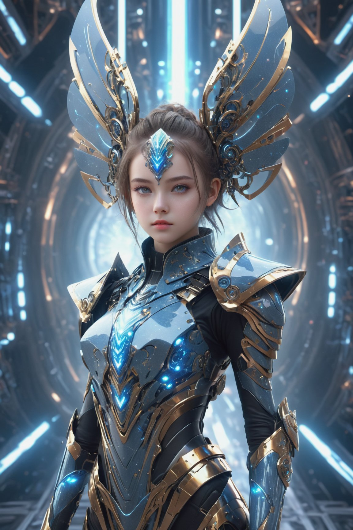 full body image of a pretty girl in a cyborg, wearing a detailed sci-fi armor, with expressive eyes and a clever and quirky fractal sprindles. dreamscape background , dark colors, hight quality  professional, abstract 3D fractal style, ,DonMPl4sm4T3chXL 