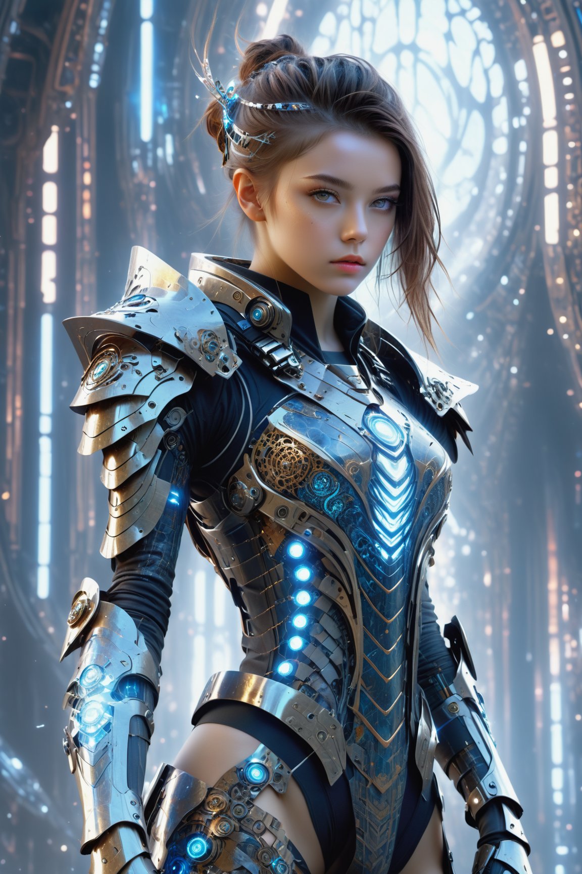 full body image of a pretty girl in a cyborg, wearing a detailed sci-fi armor, with expressive eyes and a clever and quirky fractal sprindles. dreamscape background , dark colors, hight quality  professional, abstract 3D fractal style, ,DonMPl4sm4T3chXL 