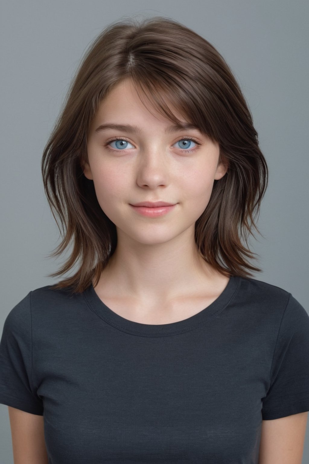 ((masterpiece, hyper realistic Half body image of a 20 years old girl,)) with short dark hair, very light blue eyes, frontal view, little smile, with shorts and a  black t-shirt, photography style , Extremely Realistic,  ,photo r3al white background,