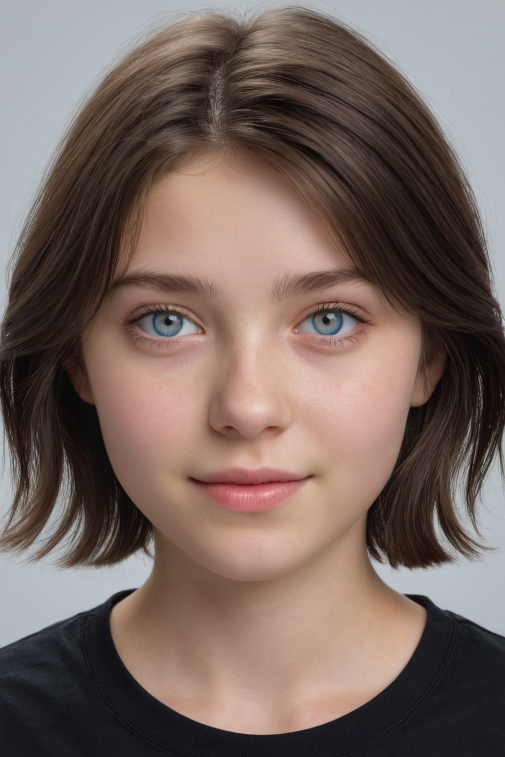 ((masterpiece, hyper realistic Half body image of a 20 years old girl,)) with short dark hair, very light blue eyes, frontal view, little smile, with shorts and a  black t-shirt, photography style , Extremely Realistic,  ,photo r3al white background,