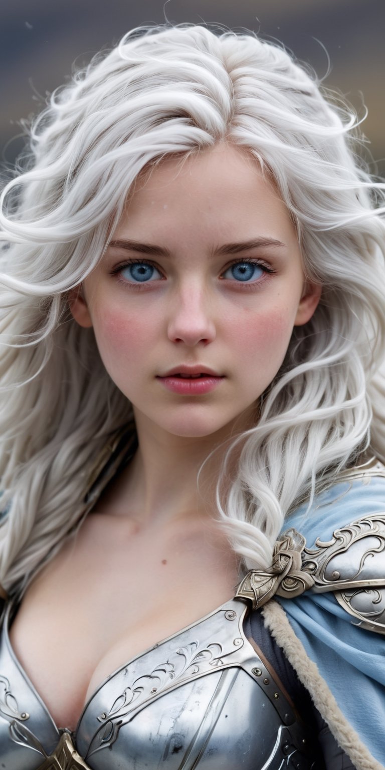 (1cute 20 years old girl), focus in body, front view, looking at viewer, very long white curly hair blowing in the wind, some strands on her face, light blue eyes, serene face and gaze, wearing a armor and winter fur cape. White skin, White skin, snowy mountains and stormy gray sky background, splash art, eye_detail, background_detail, face_detail, hair_detail, more_detail, add_detail, adddetailed, cute_face, 