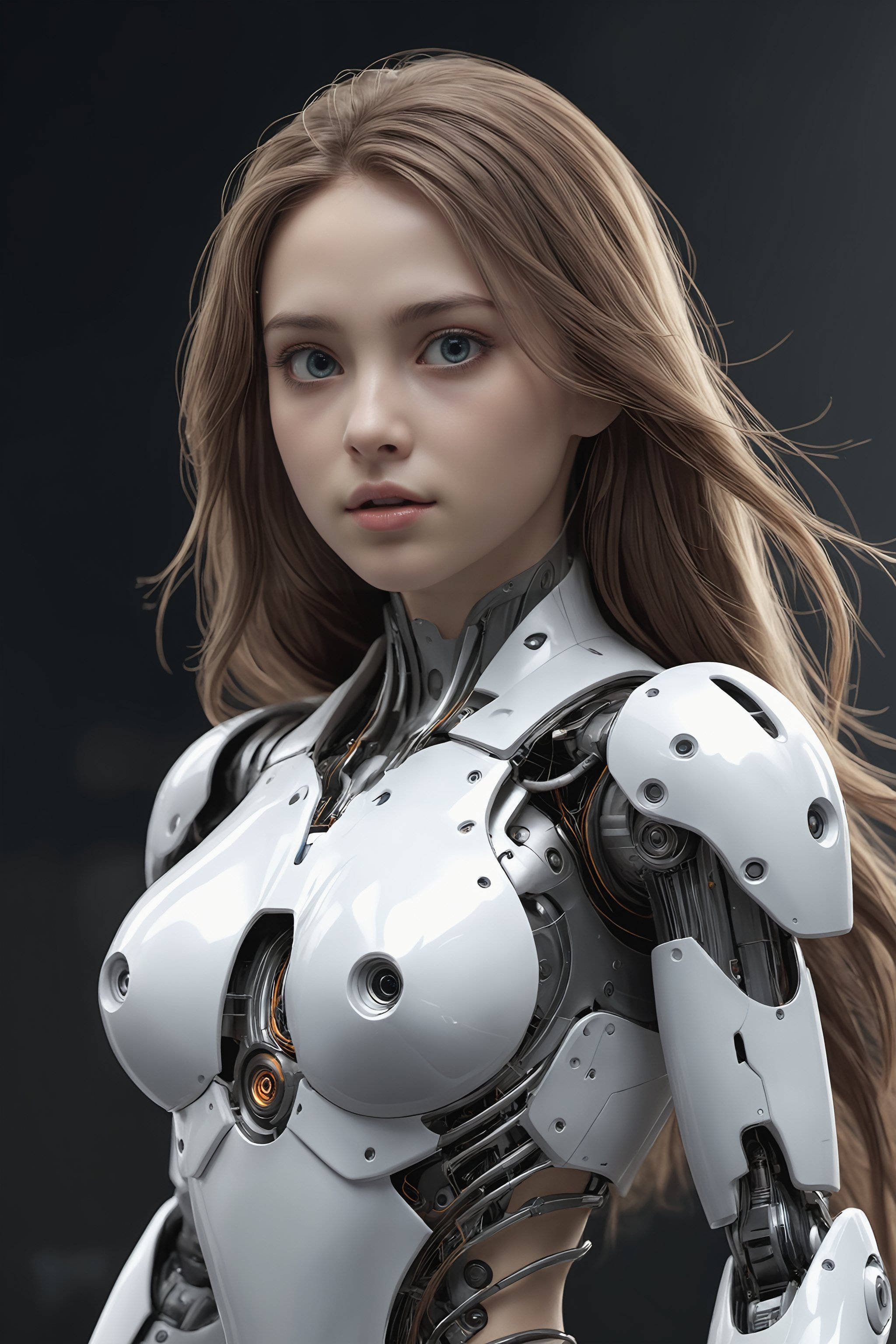 Generate image of a cyber semi robotic girl, sweet face, beautiful body, long loose hair floating in motion, standing clear piercing eyes looking into the distant horizon, intricate detail image, cinematic lighting, high definition hyper realistic image,