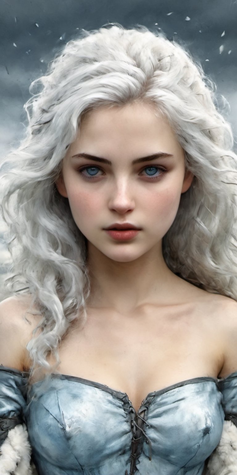 (1cute 20 years old girl), focus in body, front view, looking at viewer, very long white curly hair blowing in the wind, some strands on her face, light blue eyes, serene face and gaze, wearing a armor and winter fur cape. White skin, White skin, snowy mountains and stormy gray sky background, splash art, eye_detail, background_detail, face_detail, hair_detail, more_detail, add_detail, adddetailed, cute_face, ,ink ,on parchment,charcoal drawing,halsman