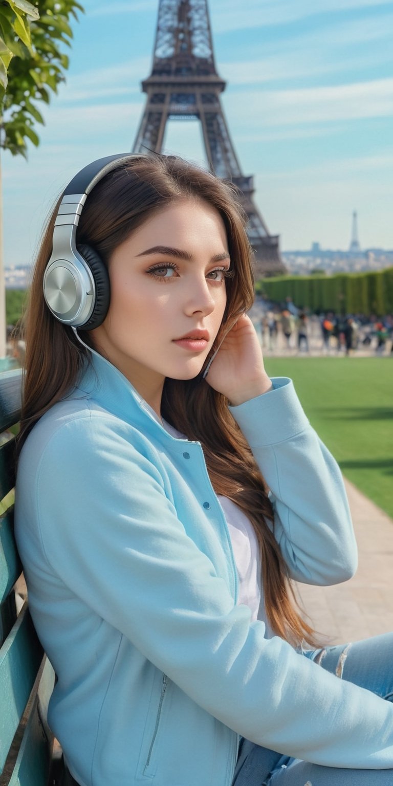 Master piece, generate image of a Girl with headphones, cap, dreamy expression, sitting a bench in the gardens of the Eiffel tower, training wear, (ultra detailed perfect piece:1.2), illustration, masterpiece, (extremely detailed CG 8k), (very fine 8K CG), (1girl:1.2), (dark hair), long hair, wavy hair, hair over one eye, sparkling, light blue eyes, looking at side,