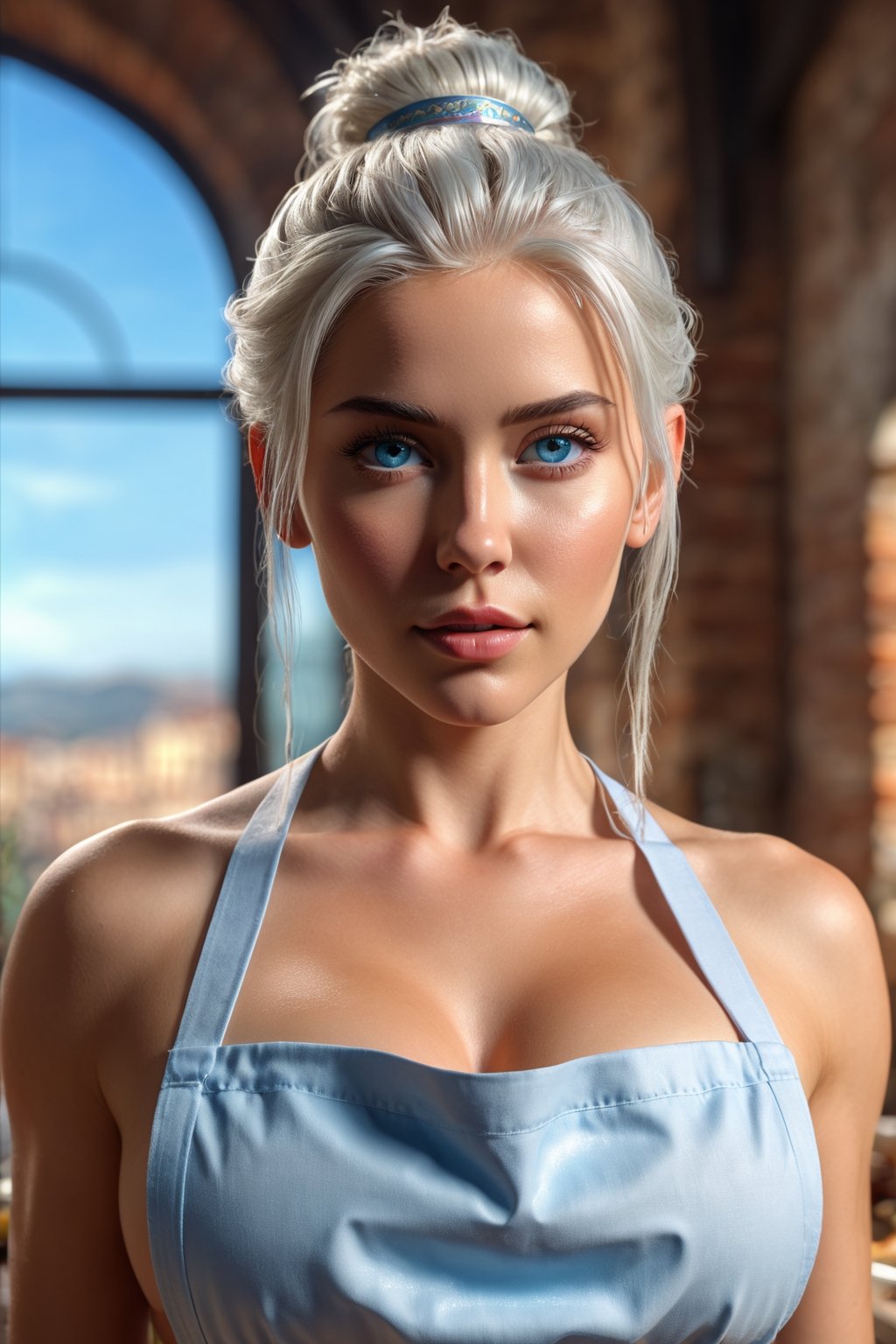 (RAW photo, best quality), (photo-Realistic:1.3), masterpiece, aesthetic, 16K, (HDR:1.4),cinematic lighting, ambient lighting effect, sidelighting, intricate details and textures, cinematic, wide shot, ultra realistic, siena natural ratio, 1 woman in a naked apron, Icy, blue eyes, big breast white hair ponytail, eyeshadow, ultra detailed, extremely sharp focus, uhd, 8k art cover magazine style, aquamarine eyes, 8k resolution, intricate lines, cute and sexy,
