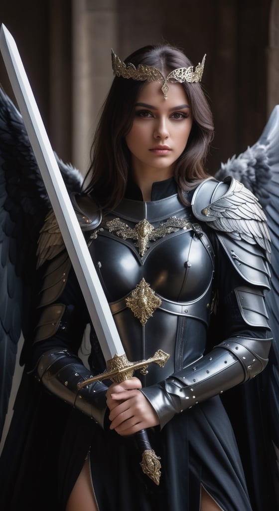 A portrait of a dark angel girl, resembling St. Michael the Archangel in girl, light tones, dark-robed and armored with ornaments of intrincate details, with a sword, dark and gloomy image, Dramatic Light,