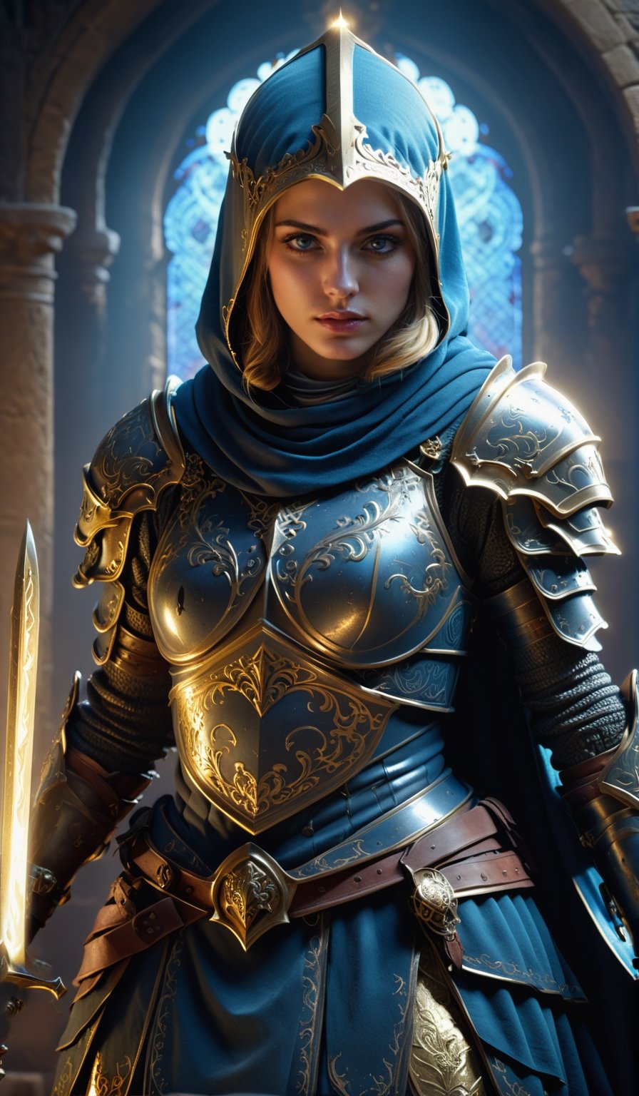 epic composition, cinematic lighting, masterpiece, a medieval girl knight, preparing for a fight, wearing hooded dark robes, and a intrincate dark armor with elaborated golden ornaments, dynamic action pose, frontal shot, medieval war background, full body portrait, dim volumetric lighting, 8k octane beautifully detailed render, extremely hyper-detailed, intricate, stunning Detailed matte painting, deep color, fantastical, intricate detail, complementary colors, fantasy concept art, 8k resolution trending on Artstation Unreal Engine 5, bioluminescent, holographic, Volumetric light, rays, blue tones, zdyna_pose,