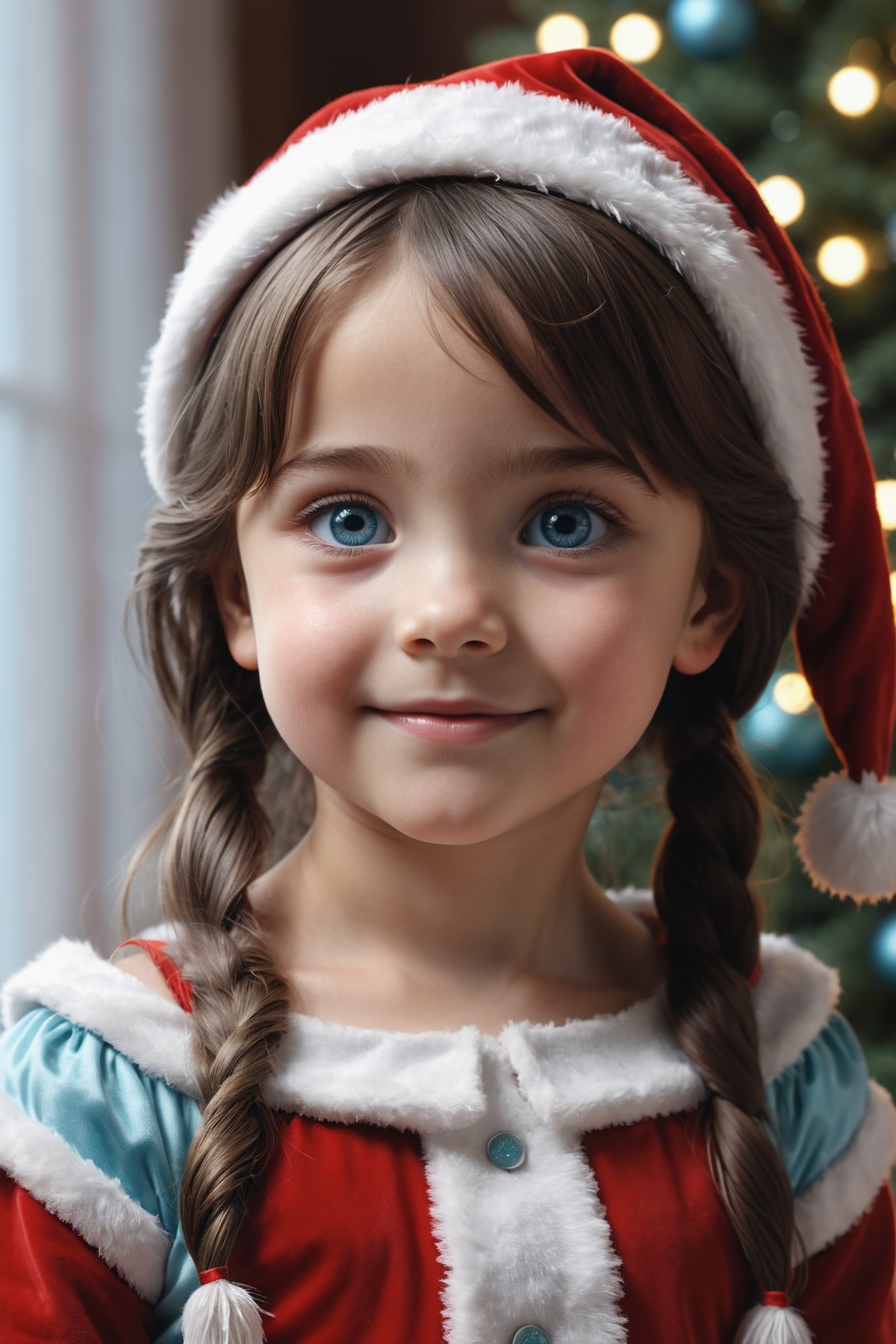 ((9 year old girl:1.5)), ((Portrait)),1 girl, small, bangs,((dark brown hair:1.3)), (aquamarine eyes ), smile, detailed face, beautiful eyes, natural light, (( realism: 1.2)), cinematic lighting, perfect composition, ultra detailed, masterpiece, (best quality: 1.3), reflections, cg unity 8k wallpaper extremely detailed, detailed background, masterpiece, best quality, (masterpiece), (best quality: 1.4), (ultra high resolution: 1.2), (hyperrealistic: 1.4), (photorealistic: 1.2), best quality, high quality, high resolution, ((Santa Claus costume: 1.4)),((eyebrows thick: 1.1)), ((Christmas decorations)), perfect light