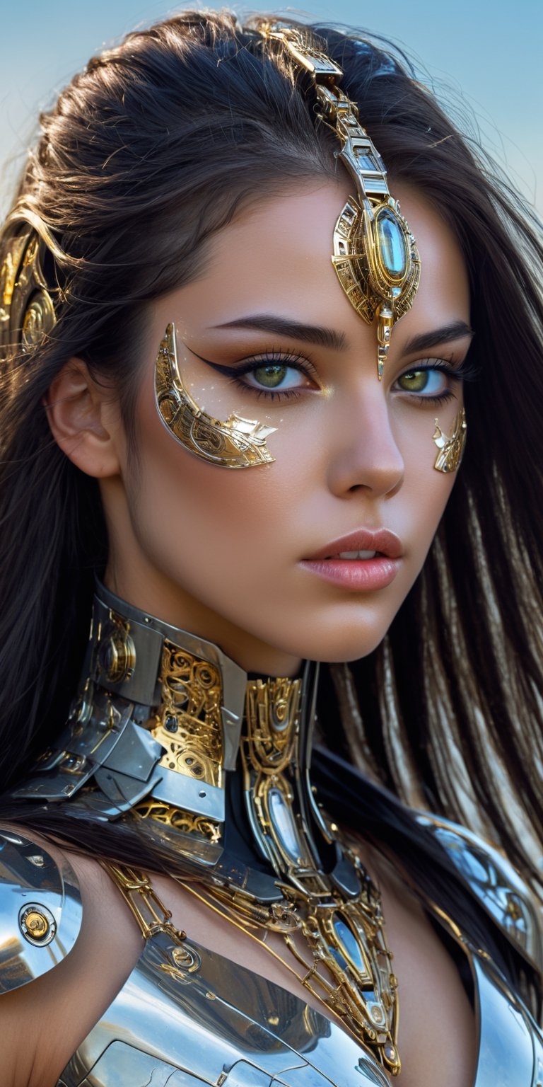 a beautiful young girl cyborg with long black hair, futuristic, scifi, intricate, elegant, highly detailed, majestic, greg rutkowski, surreal gold filigree, broken glass, (masterpiece, sidelighting, finely detailed beautiful eyes: 1.2), hdr, realistic painting , natural skin, textured skin, closed mouth, gray eyes, chest armor, eye makeup, robot joints, long hair moved by the wind, 