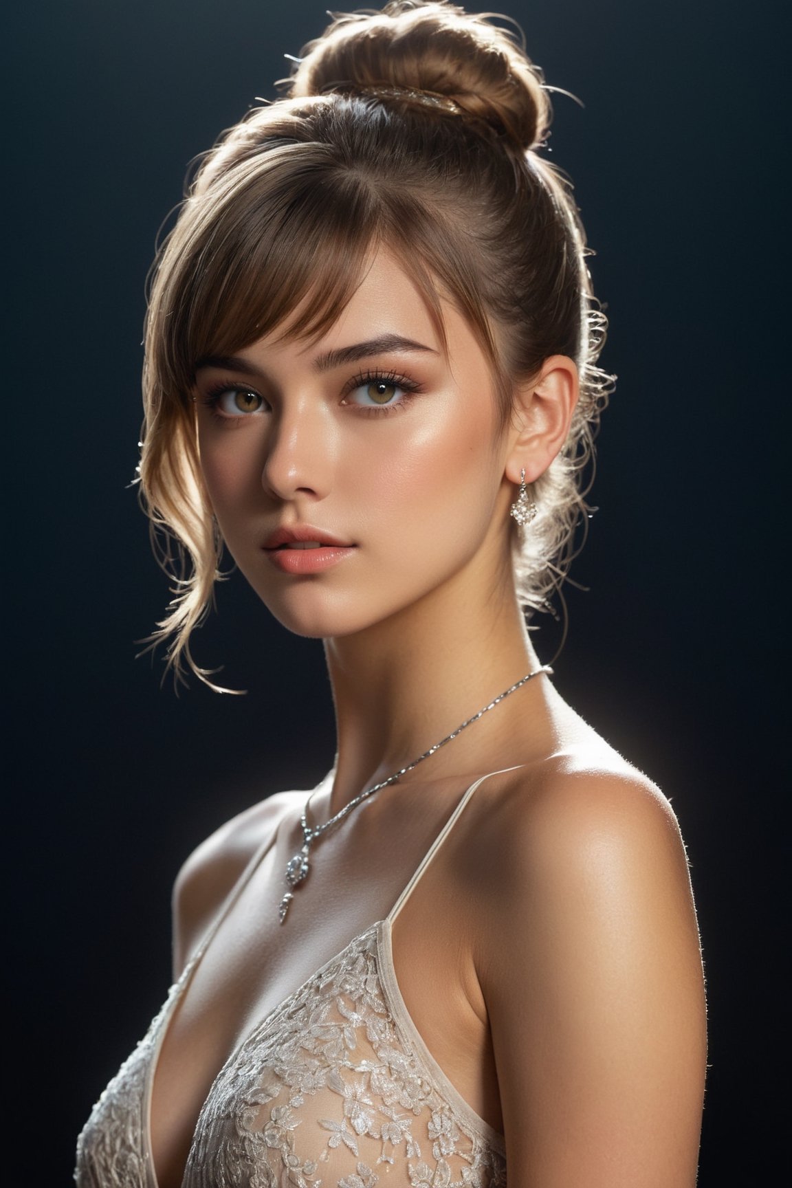 half body photo of 18 years old girl, spectacular night lighting, with a very small necklace and very small earrings made of pieces of oak wood, glow, hair tied in a bun, bangs, perfect athletic figure and anatomy, dress very small lace nude, proportionate body, slightly tanned skin, various intricate poses, clarity, fine brushwork, with a severe face, 32k, trending on Artstation, UHD, XHD, unrealistic engine - backlit, very attractive appearance, glow in the gray eyes, impeccable facial expressions, beauty dynamics, play of light, masterpiece of photography, award-winning photography, model, full frame, symmetrical, hyper-realistic, dynamic lighting,