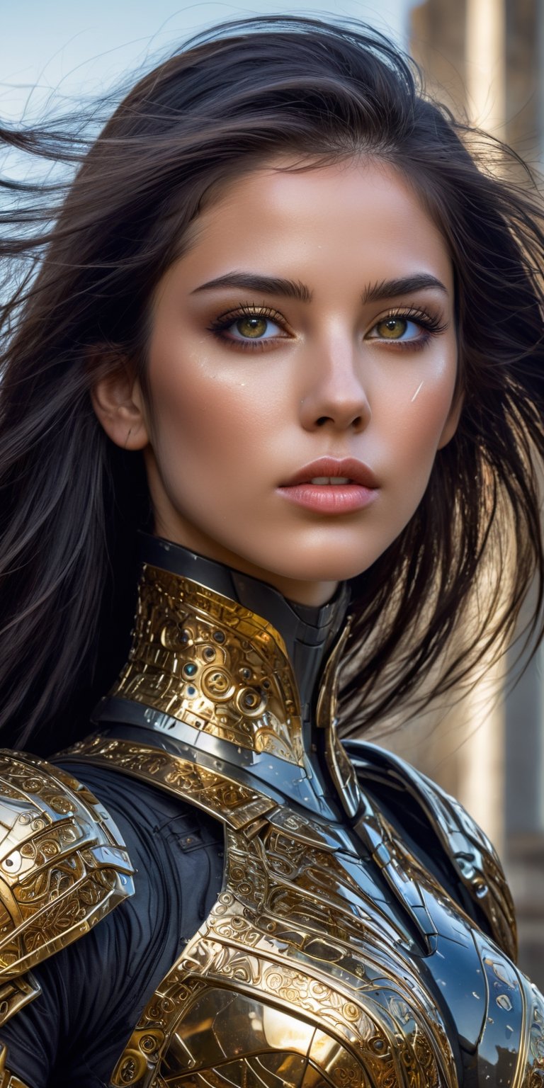 a beautiful young girl cyborg with long black hair, futuristic, scifi, intricate, elegant, highly detailed, majestic, greg rutkowski, surreal gold filigree, broken glass, (masterpiece, sidelighting, finely detailed beautiful eyes: 1.2), hdr, realistic painting , natural skin, textured skin, closed mouth, gray eyes, chest armor, eye makeup, robot joints, long hair moved by the wind, ,action shot