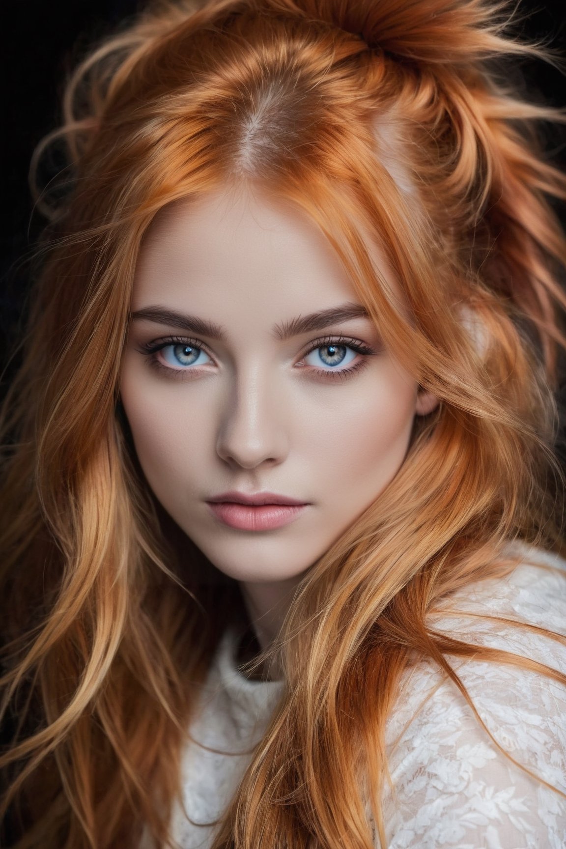 masterpiece, highly detailed image of a teen girl with light gray eyes, Light orange long hair, punk hairstyle, sweet and shy expression, little smile, cozy lighting, very dark background, portrait, unusual composition, use of negative space, spectral, close-up, detailed eyes, detailed mouth,LegendDarkFantasy