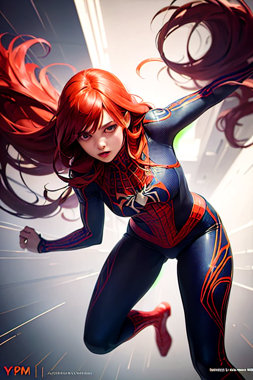 (best quality, masterpiece, colorful, dynamic angle, highest detailed)upper body photo, fashion photography of a cute  full body photo, fashion photography of cute, intense red long hair, Mary Jane in spiderman cosplay, in fighting pose,  (intricate details, hyperdetailed:1.15), detailed, light passing through hair, (official art, extreme detailed, highest detailed),