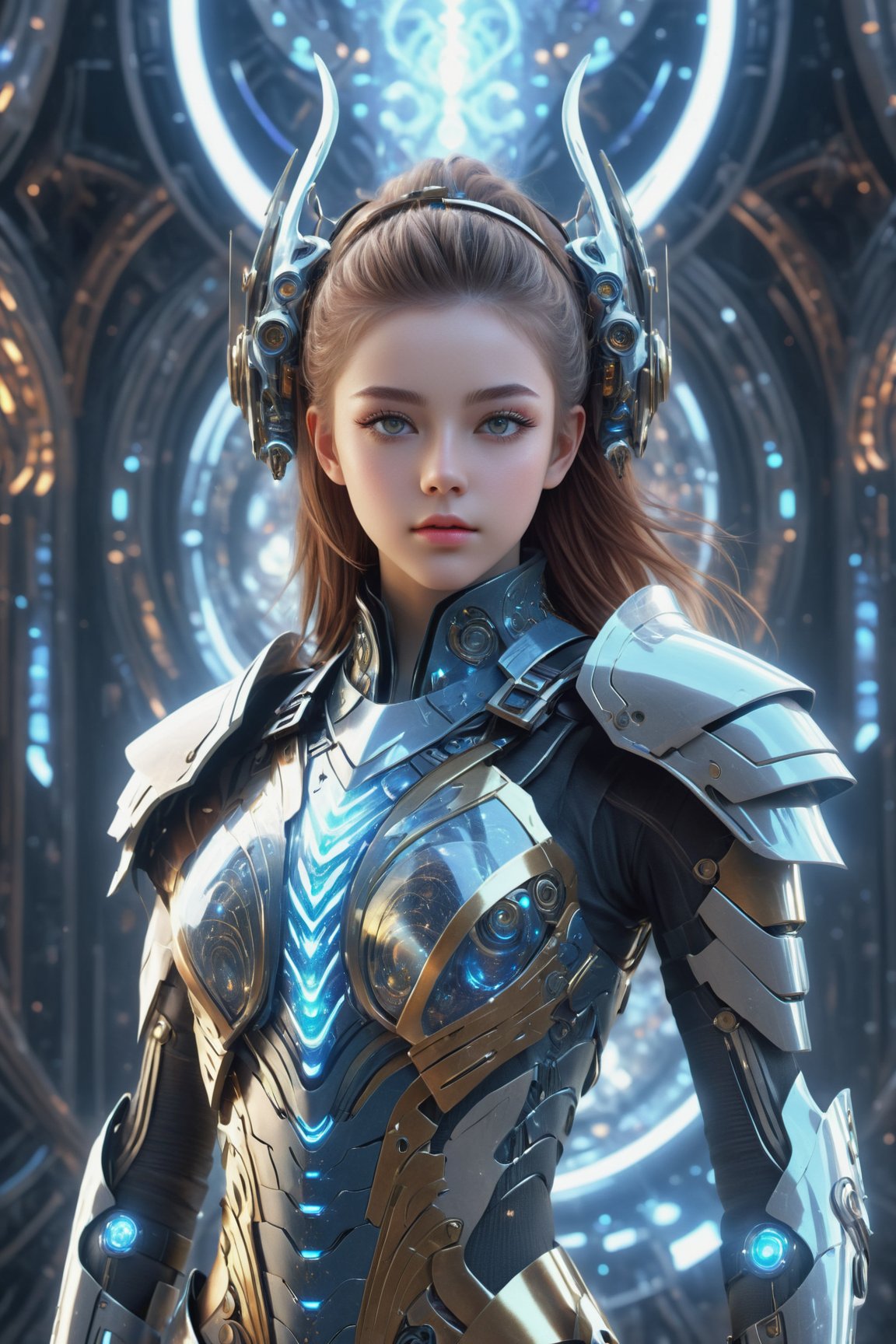 full body image of a pretty girl in a cyborg, wearing a detailed sci-fi armor, with expressive eyes and a clever and quirky fractal sprindles. dreamscape background , dark colors, hight quality  professional, abstract 3D fractal style, ,DonMPl4sm4T3chXL 