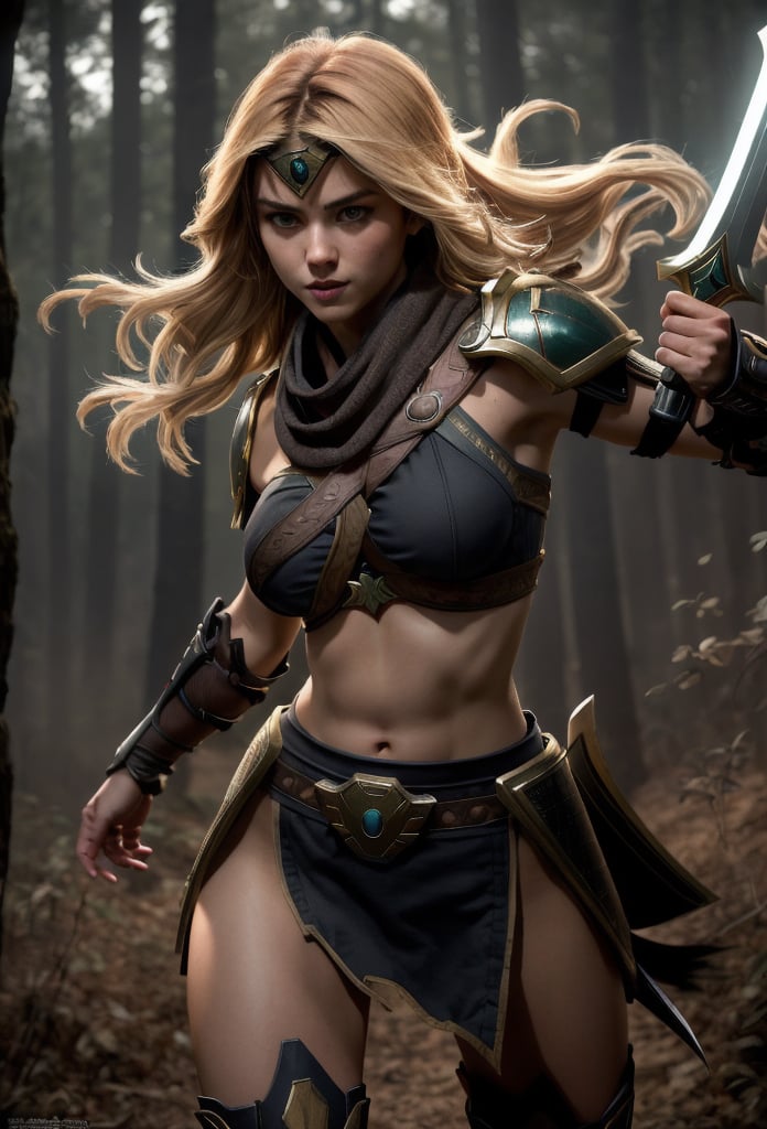 Super sexy superhero, ultra detailed, ((high resolution)), ((high detail)), cowboy photo, realistic photo, masterpiece, official art, gloomy forest background with small mysterious light, raw photo, best quality , 8k resolution, female sole, focus on character, 24 years old, blonde hair, long hair, one side braid, looks like Selena Gomez, samurai girl, dark red samurai top armor, beautiful eyes, (delicate face), detail perfect, perfect feet, sexy legs, medium chest, nice breasts, a lot of exposed skin, visible belly, full body,(holding a great sword), a sheathed sword on his back, preparing to fight, cleavage cut, torn clothes, torn armor, broken armor, damaged armor, dirty armor, dirty face, cinematic lighting, dark studio ((hyper detailed face)),((highly detailed eyes)),(((exposed thighs))) ((bare abdomen)) ((attitude attack)) ((moving pose)), samurai musume,sivir,3DMM, hoop, black scarf, bandeau,