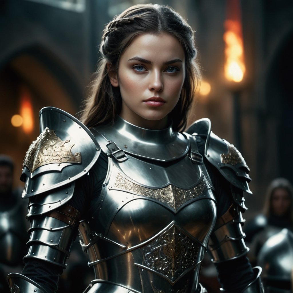 Masterpiece, high resolution image of intricate details, medieval fantasy, a medieval woman knight in silver armor, in front of the king's knights, in the courtyard of a castle,armor,royal,pauldron,noble,divine