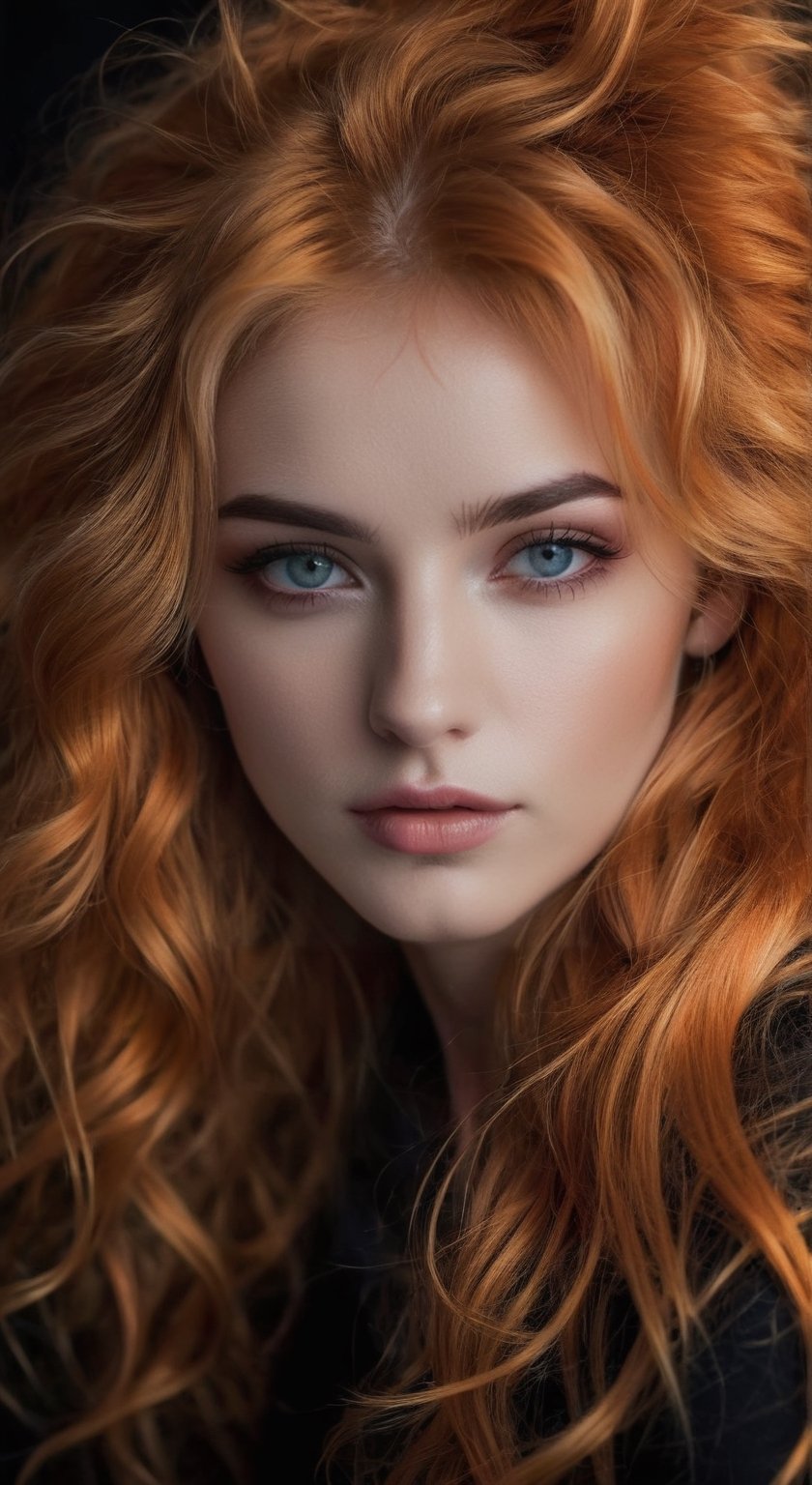 masterpiece, highly detailed image of a  girl with light gray eyes, Light orange long frizzy hair, punk hairstyle, sweet and shy expression, little smile, cozy lighting, very dark background,  portrait, unusual composition, use of negative space, spectral, close-up, detailed eyes, detailed mouth,LegendDarkFantasy