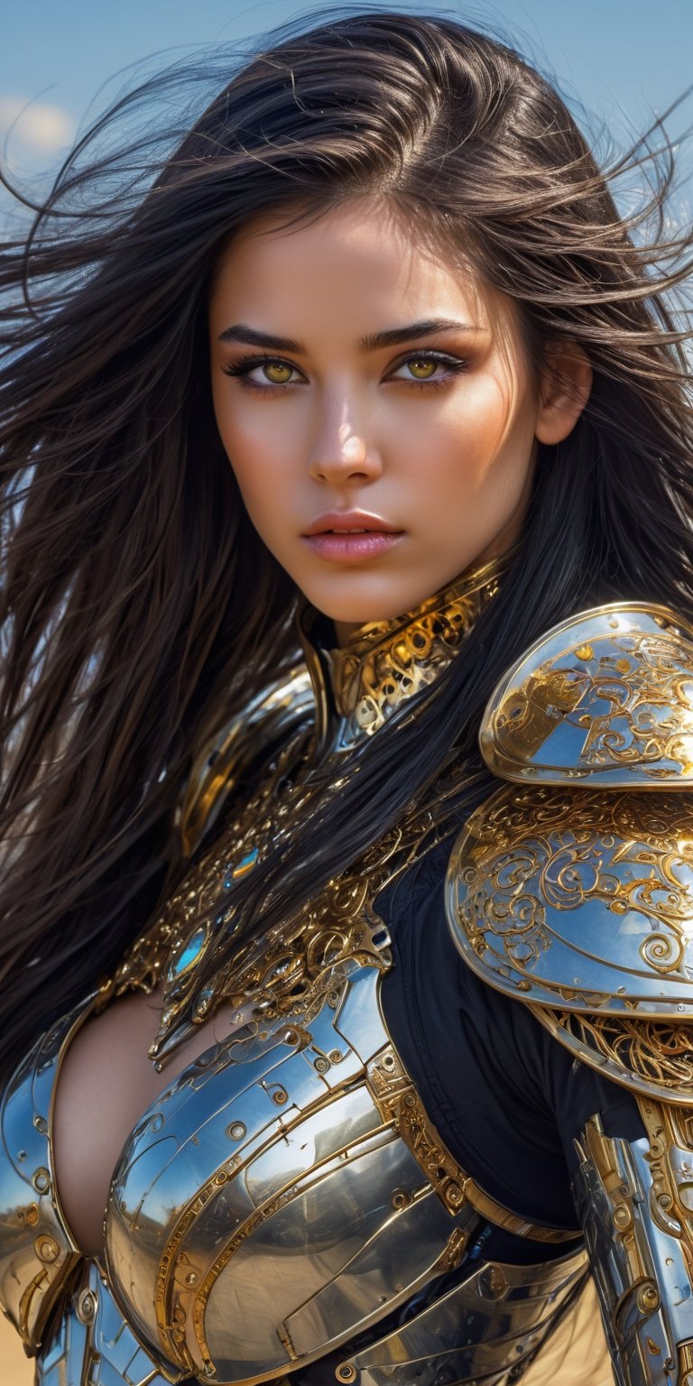 a beautiful young girl cyborg with long black hair, futuristic, scifi, intricate, elegant, highly detailed, majestic, greg rutkowski, surreal gold filigree, broken glass, (masterpiece, sidelighting, finely detailed beautiful eyes: 1.2), hdr, realistic painting , natural skin, textured skin, closed mouth, gray eyes, chest armor, eye makeup, robot joints, long hair moved by the wind, ,action shot