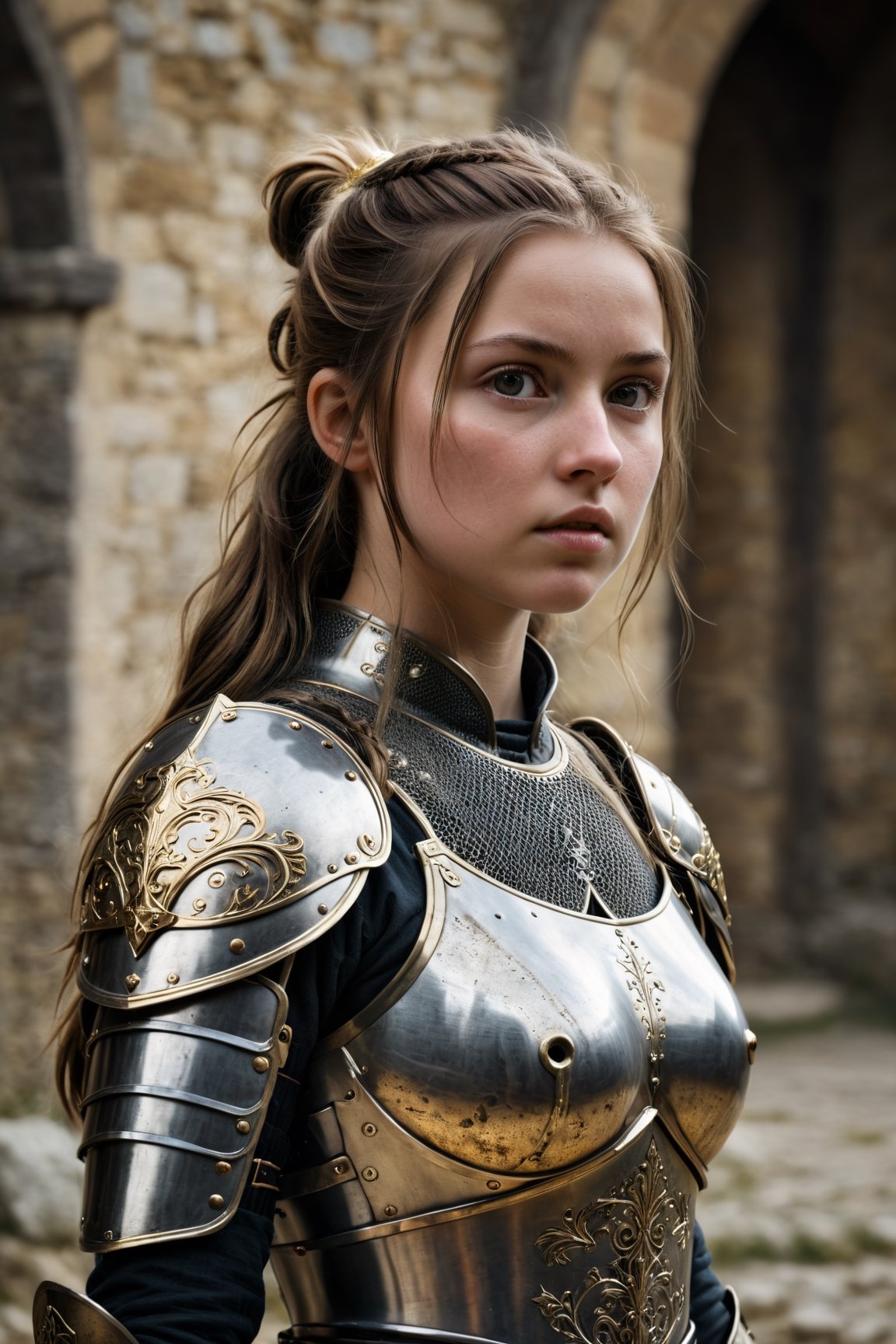 Cinematic Still (Raw Photo: 1.3) (Ultrarealistic: 1.3) 1 girl, medieval black costume, a metal armor with intincated gold details wielding long sword, large breast, long hair with a ponytail , looking at his side, abdomen, navel, photorealistic, realistic, solo, very detailed. shallow depth of field, highly detailed, high budget, bokeh, cinemascope, moody, epic, gorgeous, film grain, grainy, in medieval background, photo r3al