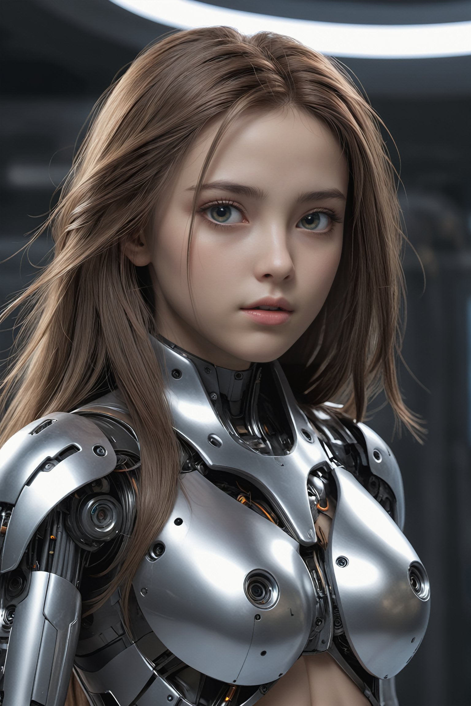 Generate image of a cyber semi robotic girl, sweet face, beautiful body, long loose hair floating in motion, standing clear piercing eyes looking into the distant horizon, intricate detail image, cinematic lighting, high definition hyper realistic image,