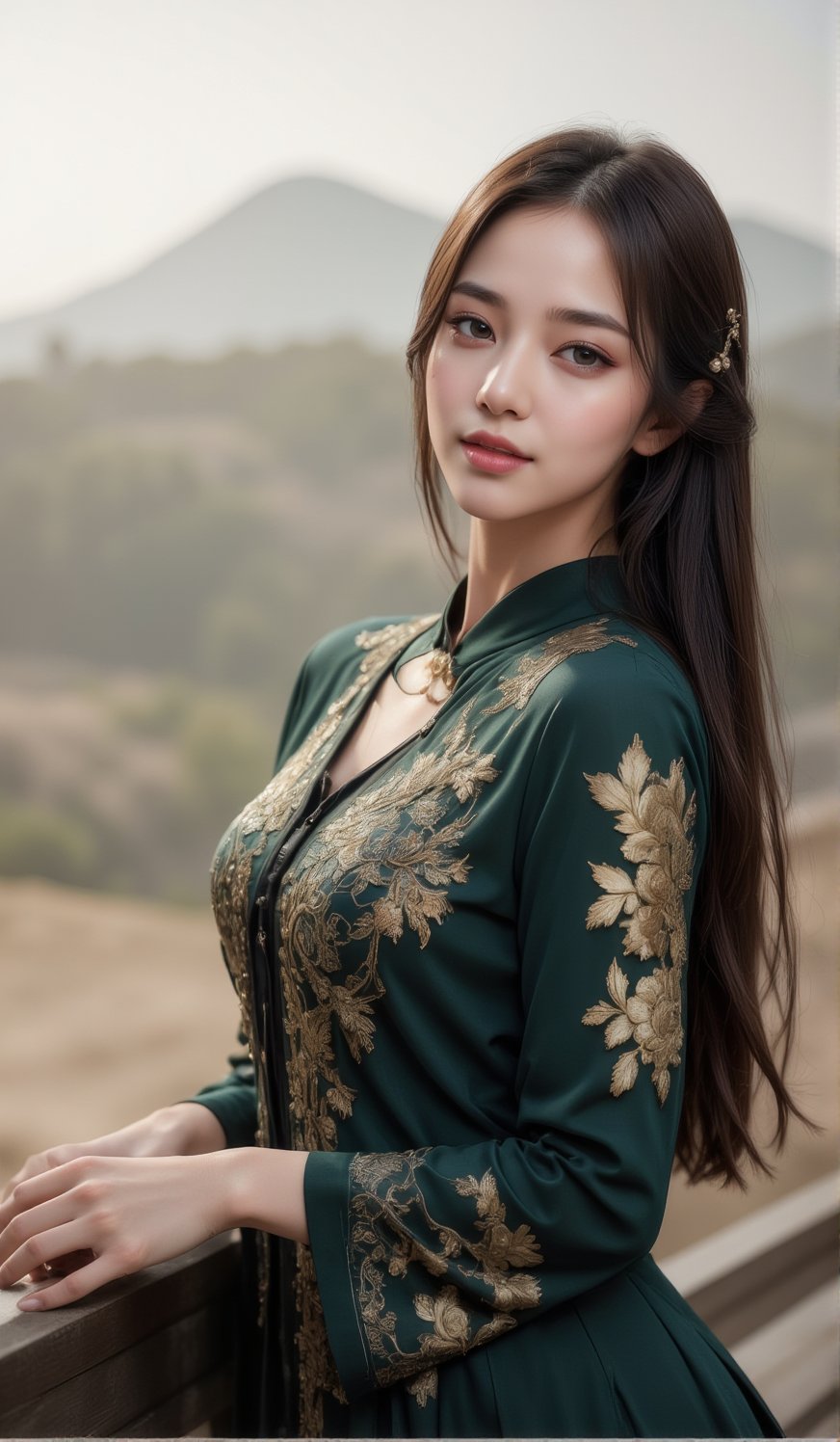 Posing, 8k, 3D, (best quality: hyperrealistic: photorealistic: intrincate detailed CG unity 8k wallpaper: 1.5, masterpiece: 1.3, detailed photo: 1.2), (hyperrealistic realistic texture: 1.4 ), {best quality }, {masterpiece}, highly detailed, Asian woman, dressed in a typical dark green Chinese costume with intricate gold decorations, very long dark hair, pretty face with very soft features, sweet expression, very detailed eyes and lips, leaning on the terrace over an oriental landscape,kimono Japanese girl sakura