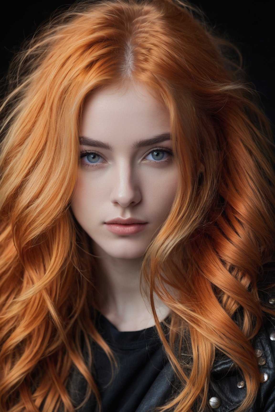 masterpiece, highly detailed image of a teen girl with light gray eyes, Light orange long hair, punk hairstyle, sweet and shy expression, little smile, cozy lighting, very dark background, portrait, unusual composition, use of negative space, spectral, close-up, detailed eyes, detailed mouth,LegendDarkFantasy