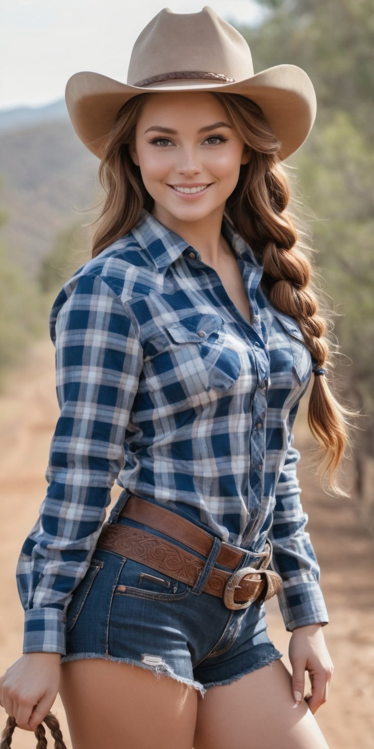 1girl, beautiful female,seductive pose, big breasts, long hair, auburn hair, one braid, outdoors, masterpiece, ultra-detailed, 4K,( solo focus), wide hips, cowboy hat, smiling at viewer,sexy cowgirl outfit, With a plaid shirt, wildwest