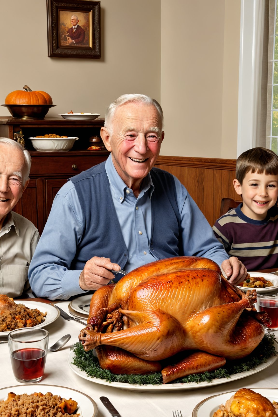 (((a  smiling old men))) ((sitting at a table about to eat a thanksgiving turkey,)) image like Norman Rockwell style,