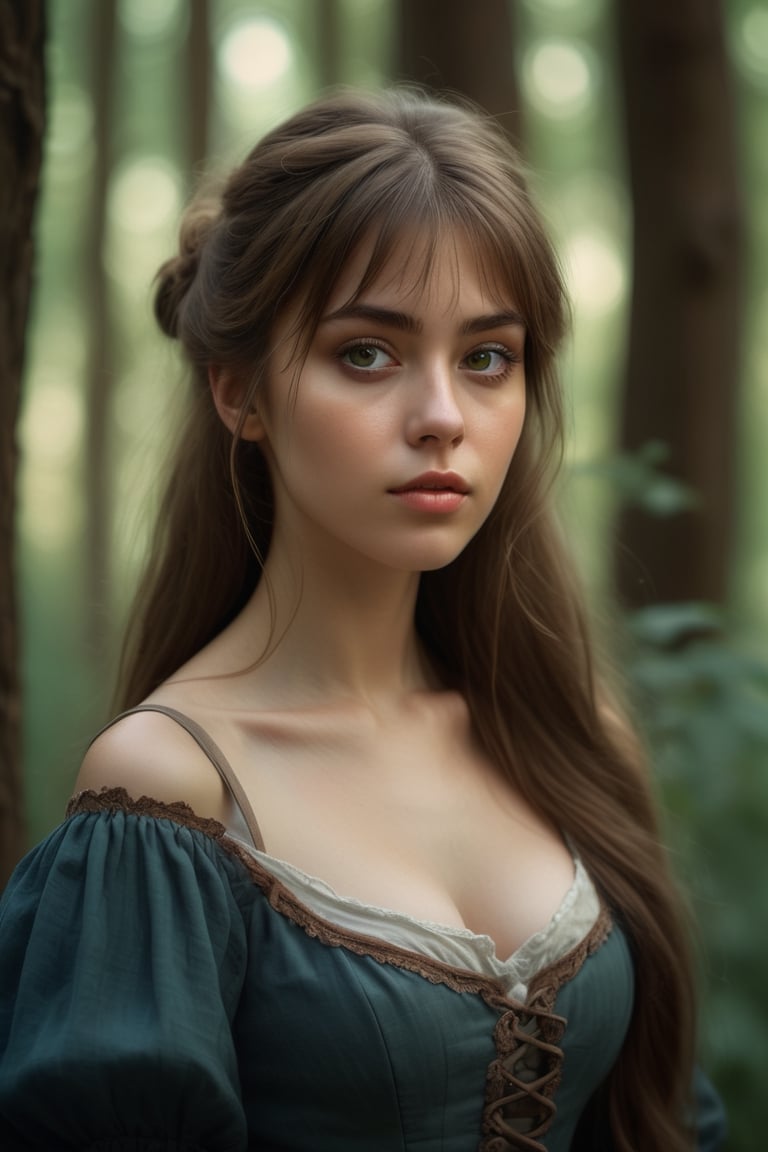 ((Generate hyper realistic image of captivating scene featuring a stunninga woman, 20yo, long light brown straight hair with bangs, Frontal view, looking at viewer, relaxing expression, clearly gray eyes, green dress, (full body view:1.5). finger detailed, walking in the forest, background detailed, ambient lighting, extreme detailed, cinematic shot, realistic illustration, (soothing tones:1.3), (hyperdetailed:1.2) (high quality), masterpiece, (intricate details) blue fractal light efect, highly detailed, vibrant, production film, ultra high quality, photography style, Extremely Realistic, (((Dramatic light)))