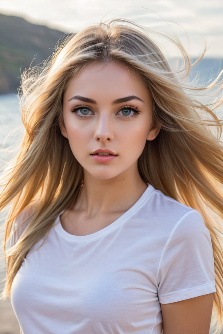 Small_Breasts, portrait, Plain White T-shirt, Shorts, Ultra Detailed Beautiful Eyes , Natural Eyes, blonde long hair blowing by wind, home Background .