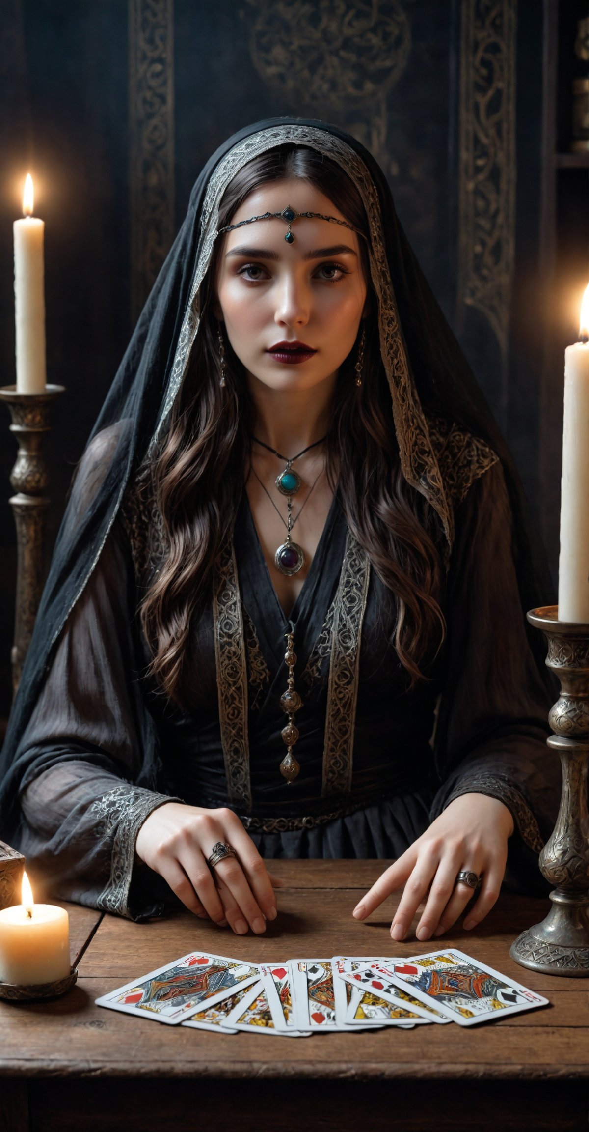 ((masterpiece, Top quality, Highest image quality, High resolution, Photorealistic, Raw photo, 8K)), tarot cards, tolkien, middle earth, ((Tarot cards arranged on the table.:1.5)) , (Fortune teller whose face is hidden by a veil.:1.5), 8K, Highly detailed, Hyper realistic, Cinematic lighting, Ambient lighting, Tarot cards arranged on the table., earring, Choker, Necklace, Jewelry, Rings, Dark lipstick, Dark makeup, Ring, Sitting behind! A table, Uno! fortune teller orb on table, Uno! skull on table, Candles, In a small dark medieval room,