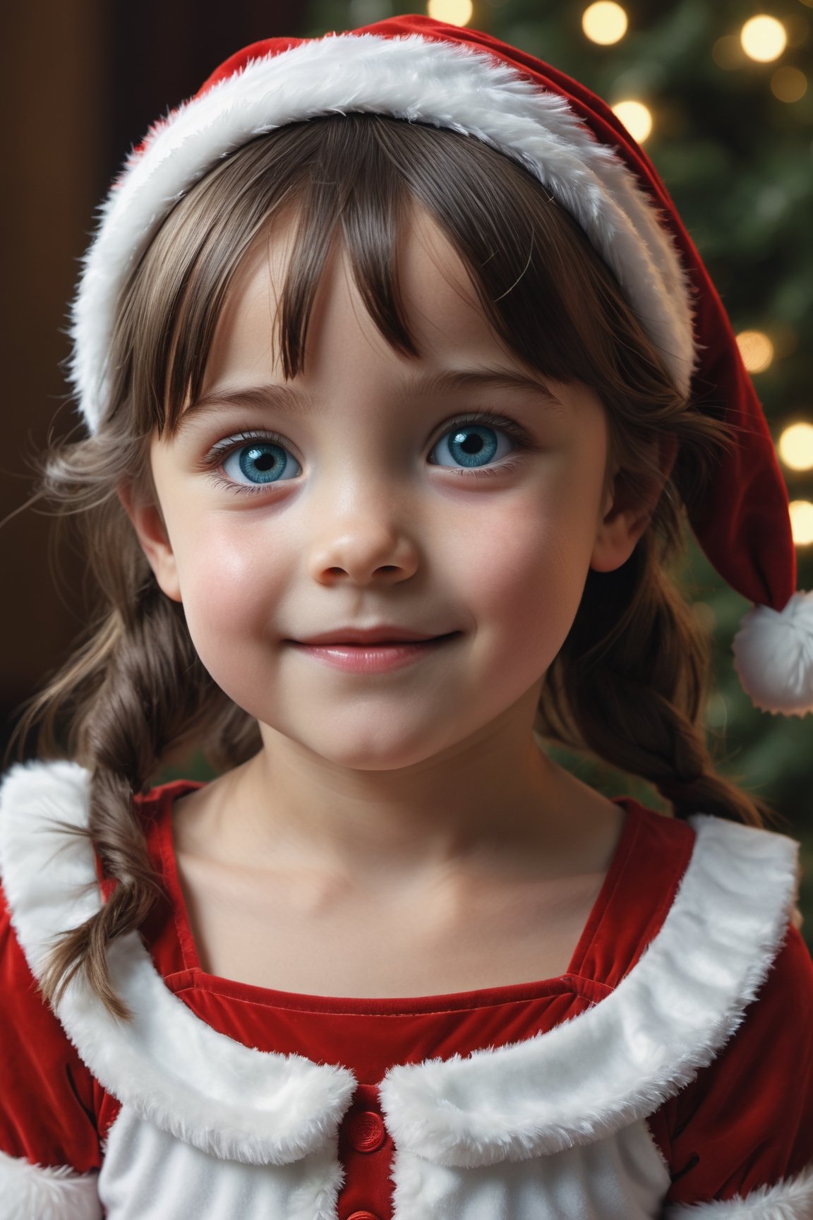((9 year old girl:1.5)), ((Portrait)),1 girl, small, bangs,((dark brown hair:1.3)), (aquamarine eyes ), smile, detailed face, beautiful eyes, natural light, (( realism: 1.2)), cinematic lighting, perfect composition, ultra detailed, masterpiece, (best quality: 1.3), reflections, cg unity 8k wallpaper extremely detailed, detailed background, masterpiece, best quality, (masterpiece), (best quality: 1.4), (ultra high resolution: 1.2), (hyperrealistic: 1.4), (photorealistic: 1.2), best quality, high quality, high resolution, ((Santa Claus costume: 1.4)),((eyebrows thick: 1.1)), ((Christmas decorations)), perfect light