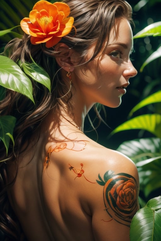 From the back, cinematic results, professional portrait of a beautiful woman with orange and black tattoos, surrounded by nature with lush tropical foliage, drooping roses, a work of beauty and complexity, dynamic mode, sunlight streams, 8kUHD, ultra detailed face, ultra close-up, sharp focus  On the eyes, 35mm digital photography, professional photo, natural lighting, sexy, nude