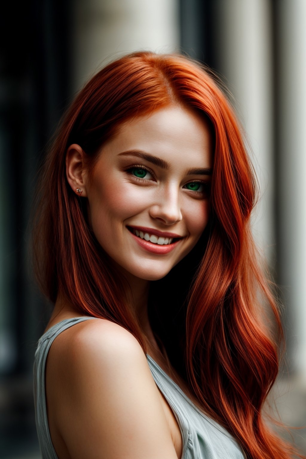 beautiful red-haired woman with long hair and green eyes , ruddy skin, beautiful, full lips, a minuscule amount of clothing, smiling, feeling of lightness and joy, hyperrealism, skin very elaborated, direct gaze

