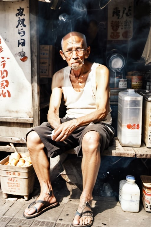 Aesthetic image of a lanky, bald, old man, sitting in front of a food stall while smoking, wearing a worn-off white tanktop, a black shortpants, glasses, and a straw_sandal. ,photorealistic,ChineseWatercolorPainting,artistic oil painting stick,japanese art