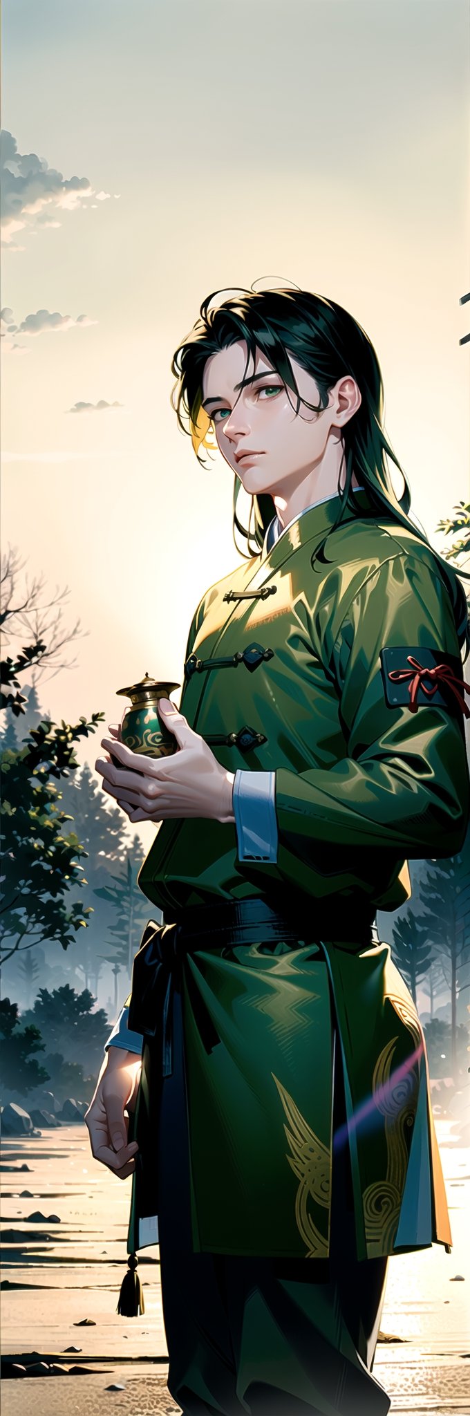 An (artistic-masterpiece), (hyper-realistic), (perfectly Detailed), (absurdres), (centralized), (full-body_portrait) of an extremely handsome 20yo male, sole_male, long_hair, silky_hair, tan_skin, beautiful eyes, symmetrical eyes,wearing an all (((green-colored))) (((ancient china martial artist's clothes))), stance, aesthetic, otherworldly handsome, toned_male, curious_gaze,  innocence, enthusiastic, warm. (((Spring forrest as the background))), (((spring color palettes))), (((clear afternoon's sky))), sunset glow.,greg rutkowski.,Realism